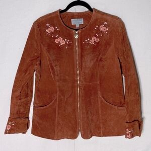 Vintage Guillaume Coral Orange Full Zip Embroidered Suede Jacket M